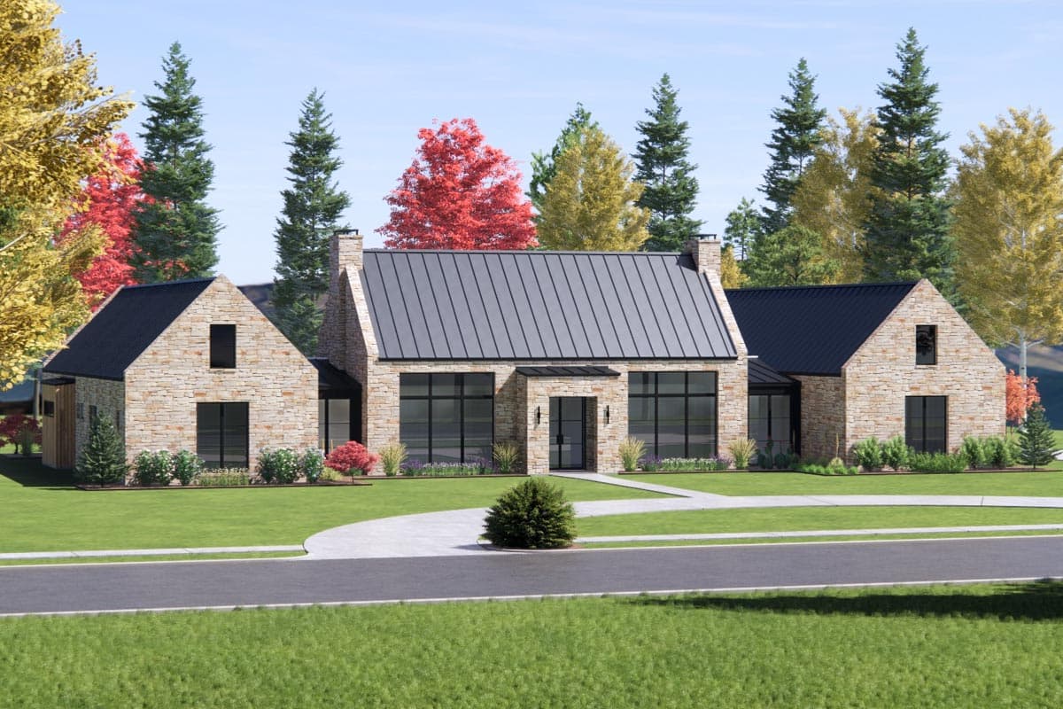 House plan exterior with stone facade, metal roof, large windows, and a central gabled section.