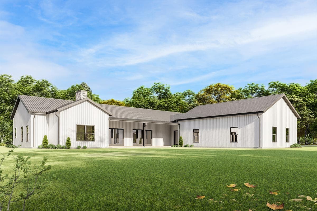 House plan exterior. Modern Farmhouse style, single story, featuring a covered porch, gable rooflines, and board and batten siding.