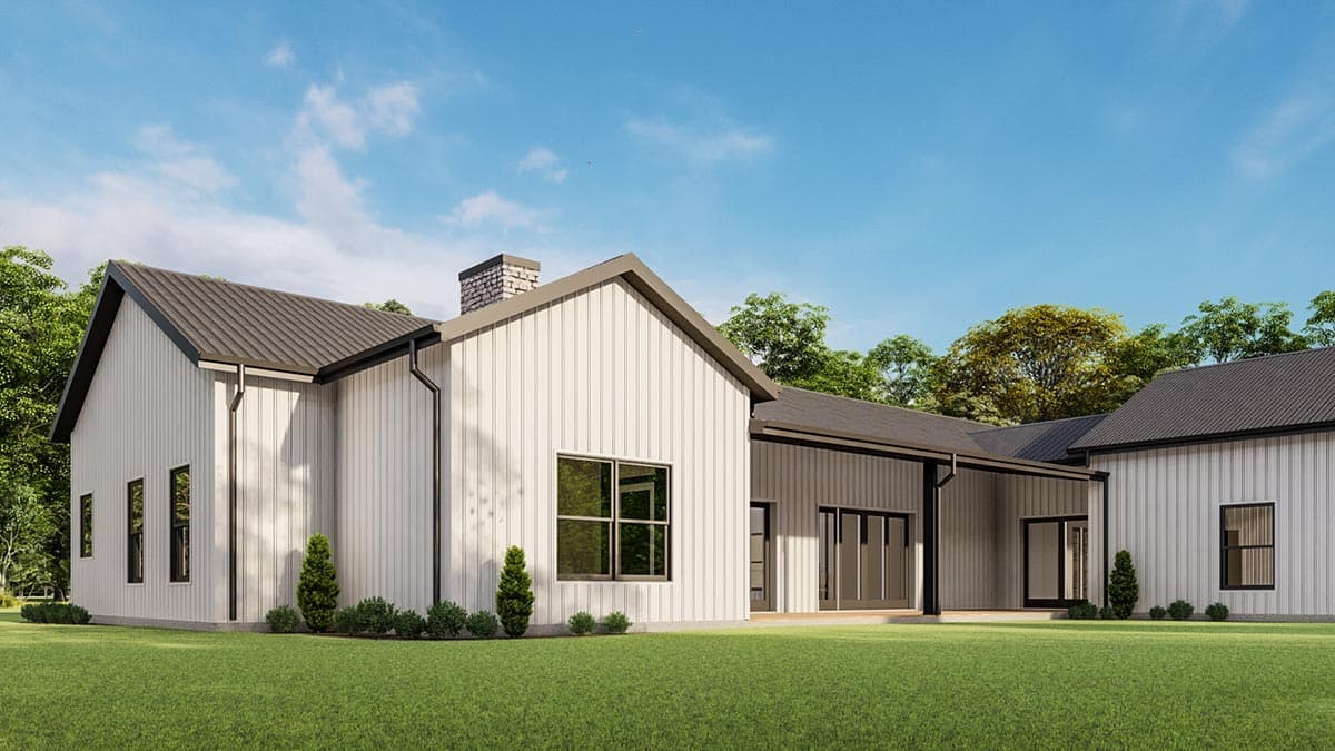 Modern farmhouse exterior with white vertical siding, gables, metal roof, and chimney.