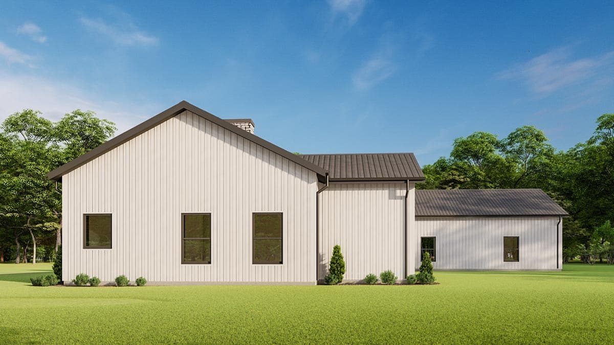 Modern Farmhouse house plan exterior with vertical siding, gabled roof, and attached garage.