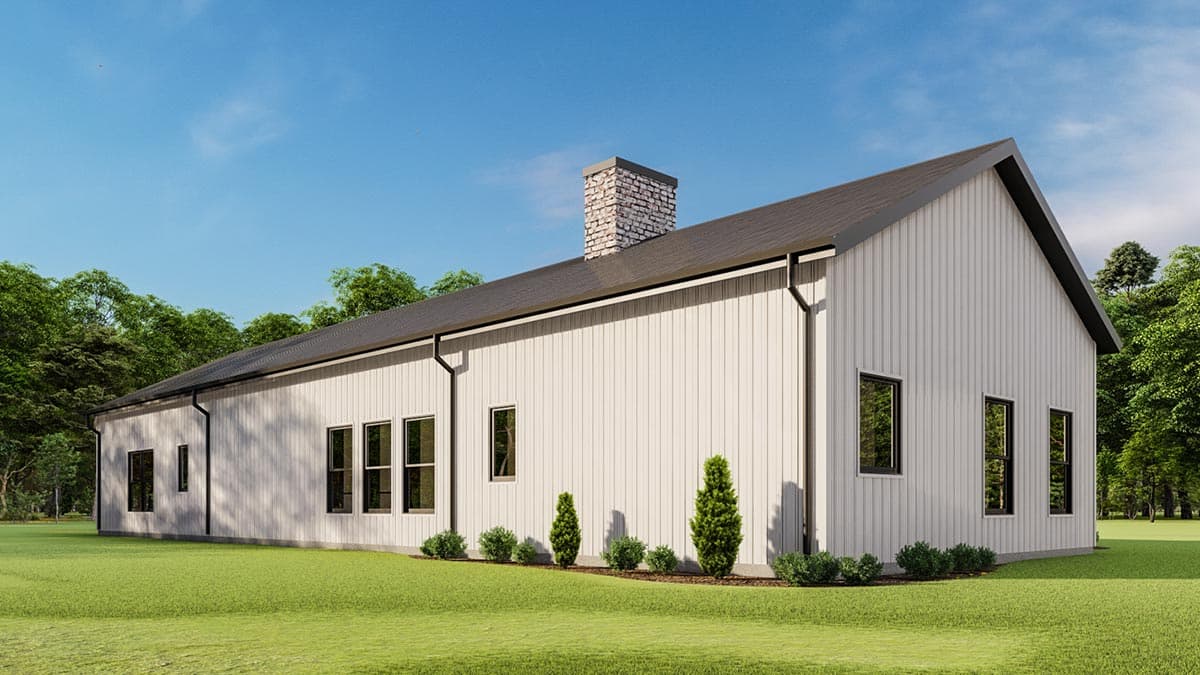 House plan exterior: Modern single-story with vertical siding, gable roof, and stone chimney.