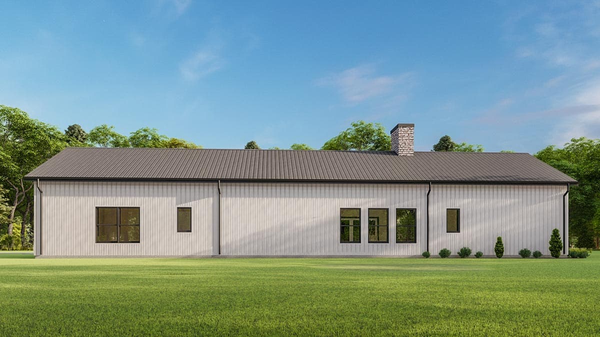 Modern house plan exterior, one story, white vertical siding, gable roof, prominent stone chimney, dark-framed windows.