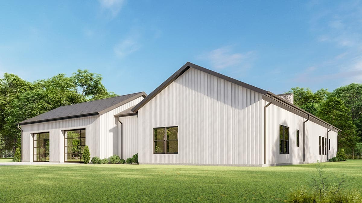 Modern house plan exterior with vertical siding, gable rooflines, and large grid windows. Two-story garage on left.
