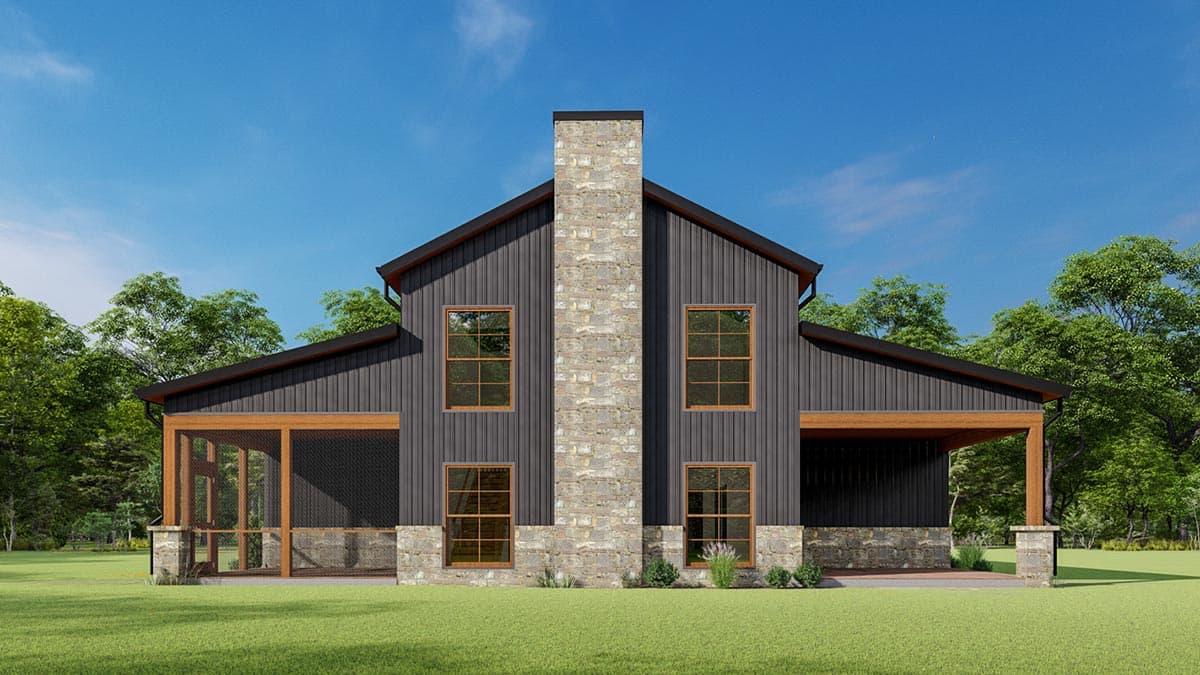 Modern Farmhouse house plan exterior with stone chimney, screened porch, and covered patio.