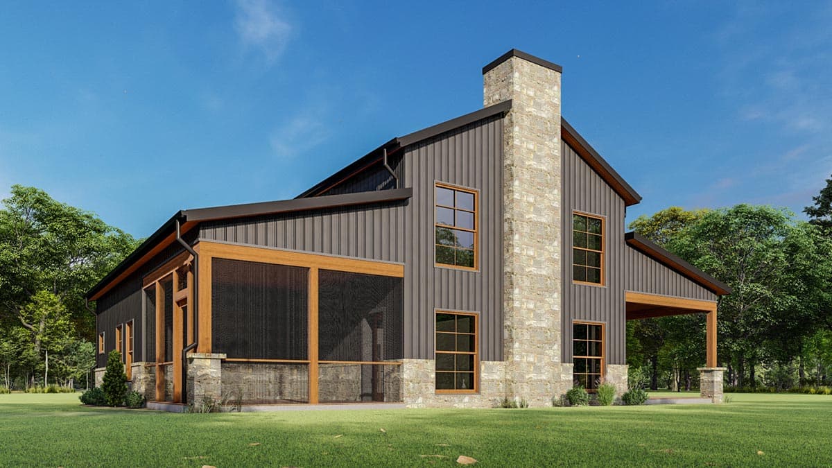 House plan exterior: Modern style, two stories, metal siding, stone chimney, screened porch, and covered patio.