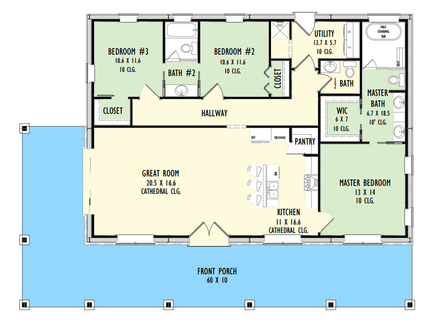 Plan 777052MTL: One-Level Barndominium Style House Plan with 10' Deep Wraparound Porch - Floor Plan - Main Level - Barndominium, Country, Craftsman, Ranch, Rustic