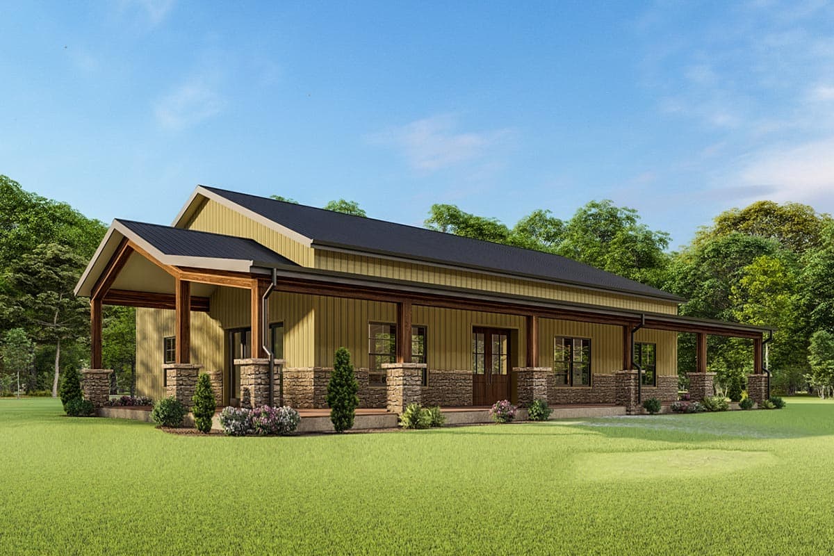 House plan exterior: Ranch-style home with wrap-around porch, stone foundation, and metal roof.