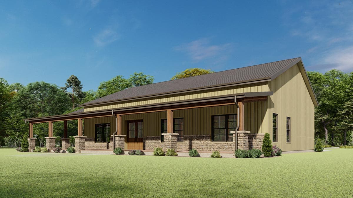 House plan exterior of a one-story Modern Farmhouse with a long, covered porch supported by stone and wood columns.