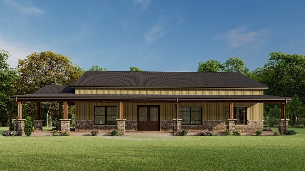 House plan exterior with Craftsman style. Features include a wrap-around porch, stone-clad supports, and a metal roof.