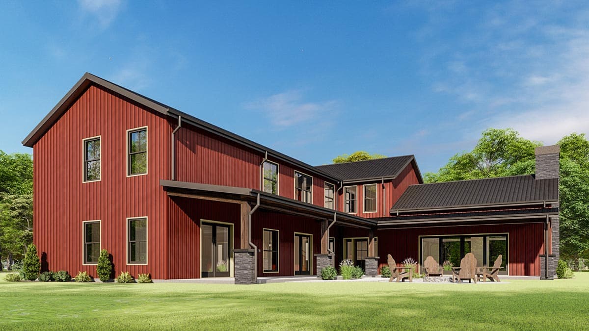 House plan exterior: two-story modern farmhouse with red vertical siding, metal roof, covered porch, and stone chimney.