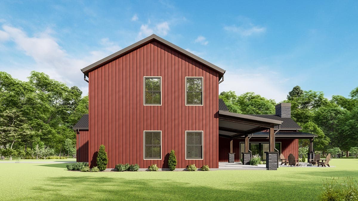 House plan exterior: two-story modern farmhouse with vertical siding, gables, and covered porch with stone columns.