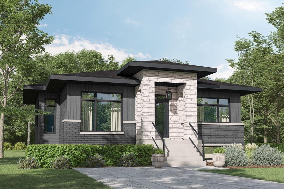 House plan exterior. Modern style, single-story home with a flat roof, brick accents, and a covered entry porch over the front steps.