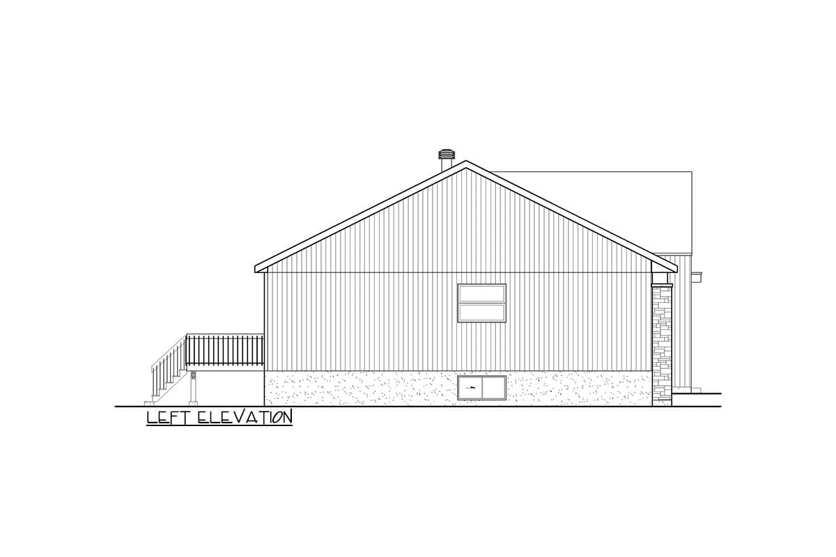 Left elevation drawing of a house plan with a pitched roof, siding, deck with railing, and a stone-clad chimney.