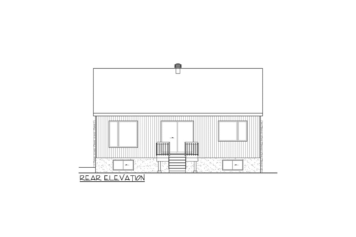 Rear elevation drawing of a house plan showing a sliding glass door, two windows, and a small set of stairs.