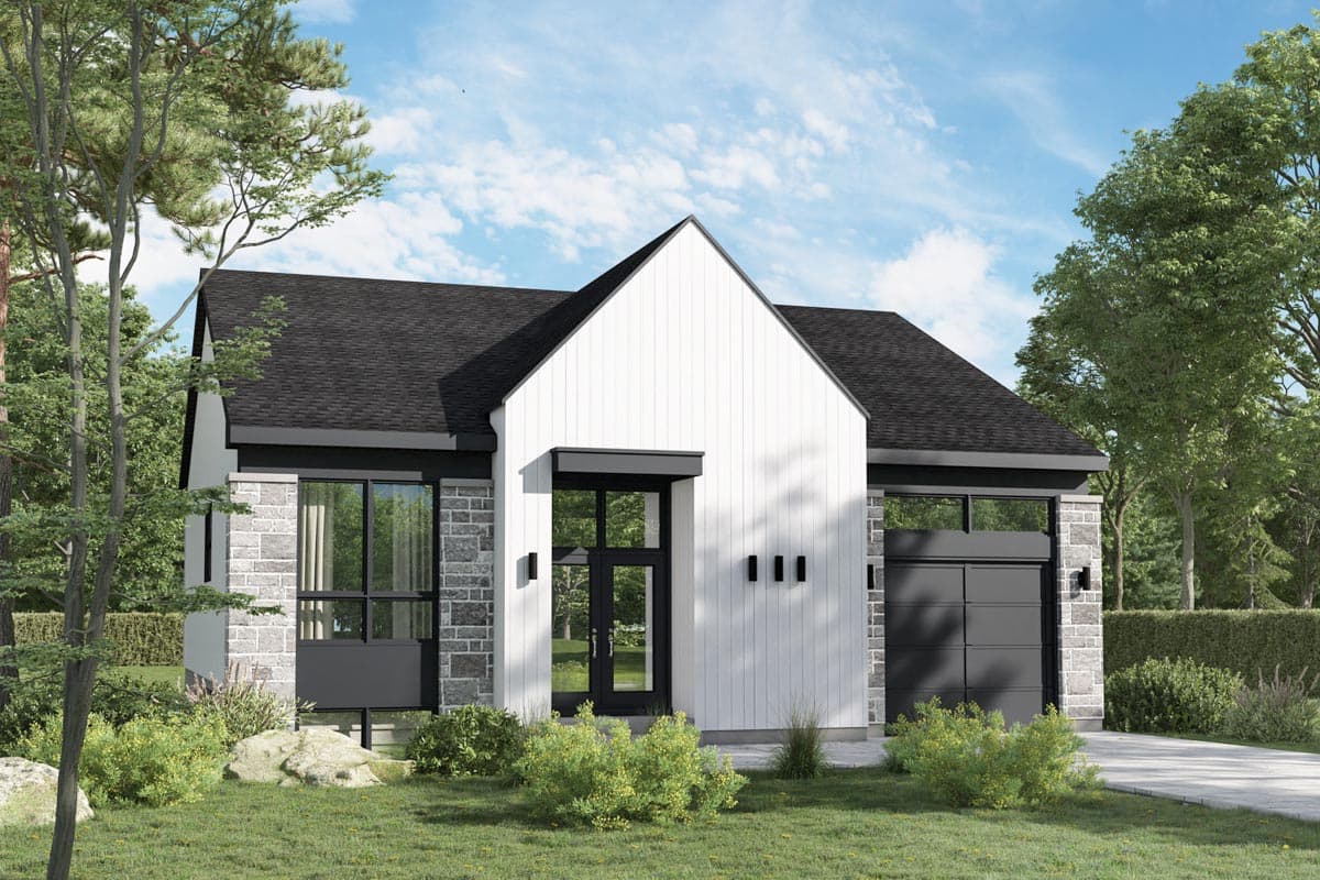 House plan exterior. Modern farmhouse style with a single gable, contrasting siding, and a two-car garage. Features stone accents.