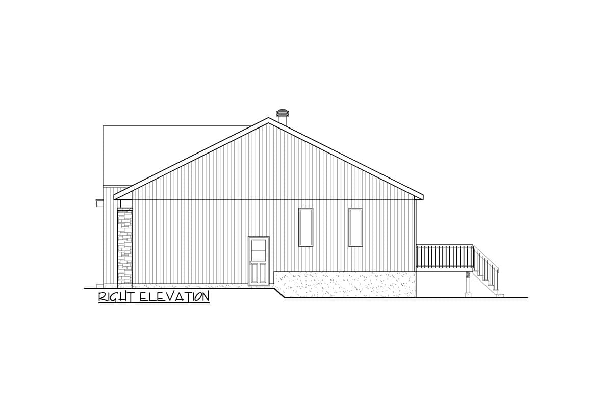 Right elevation drawing of a house plan with a gable roof, vertical siding, a stone-clad column, a door, two windows, and a deck with stairs.