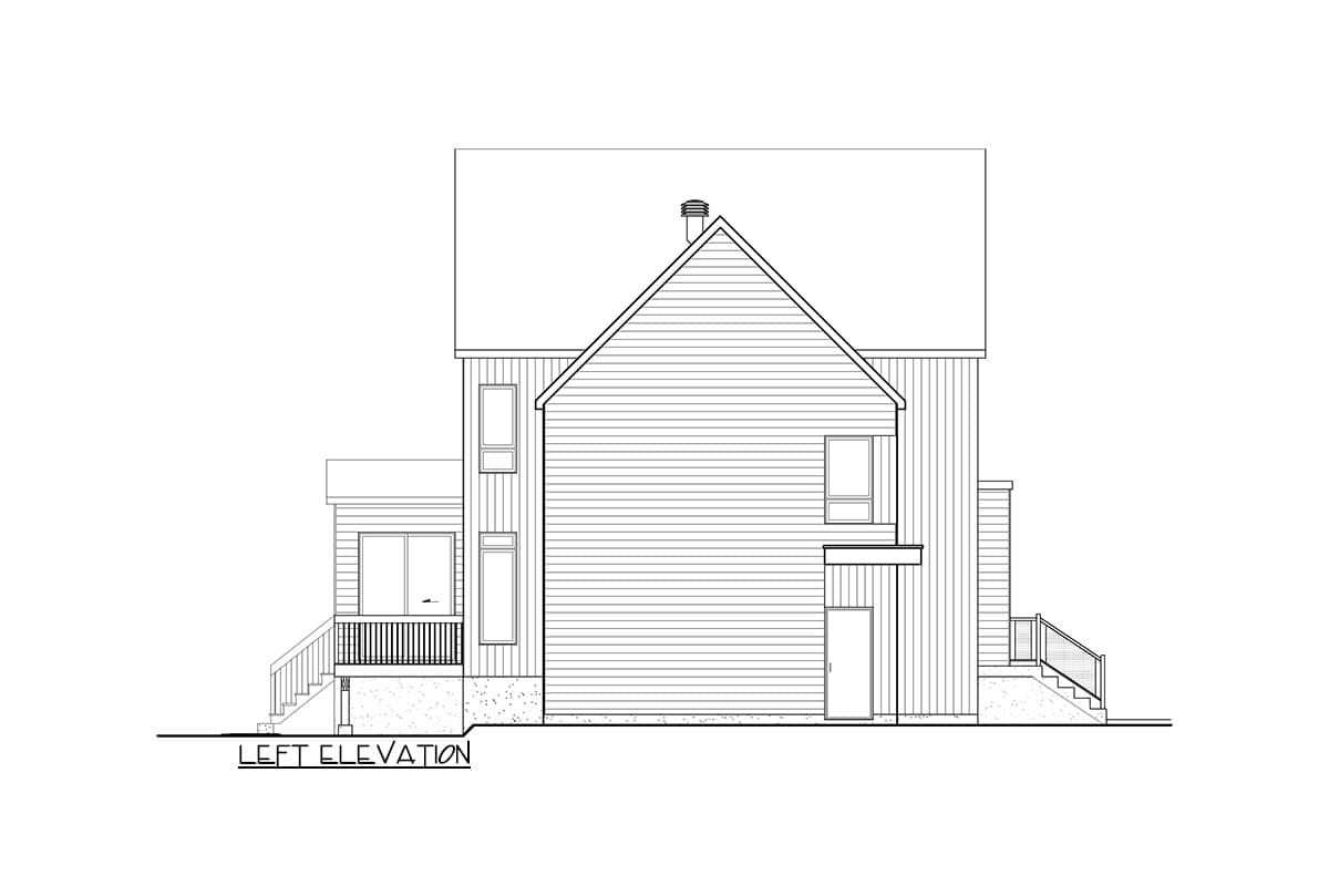 Left elevation drawing of a two-story house plan with gabled roof, siding, porch, and stairs.