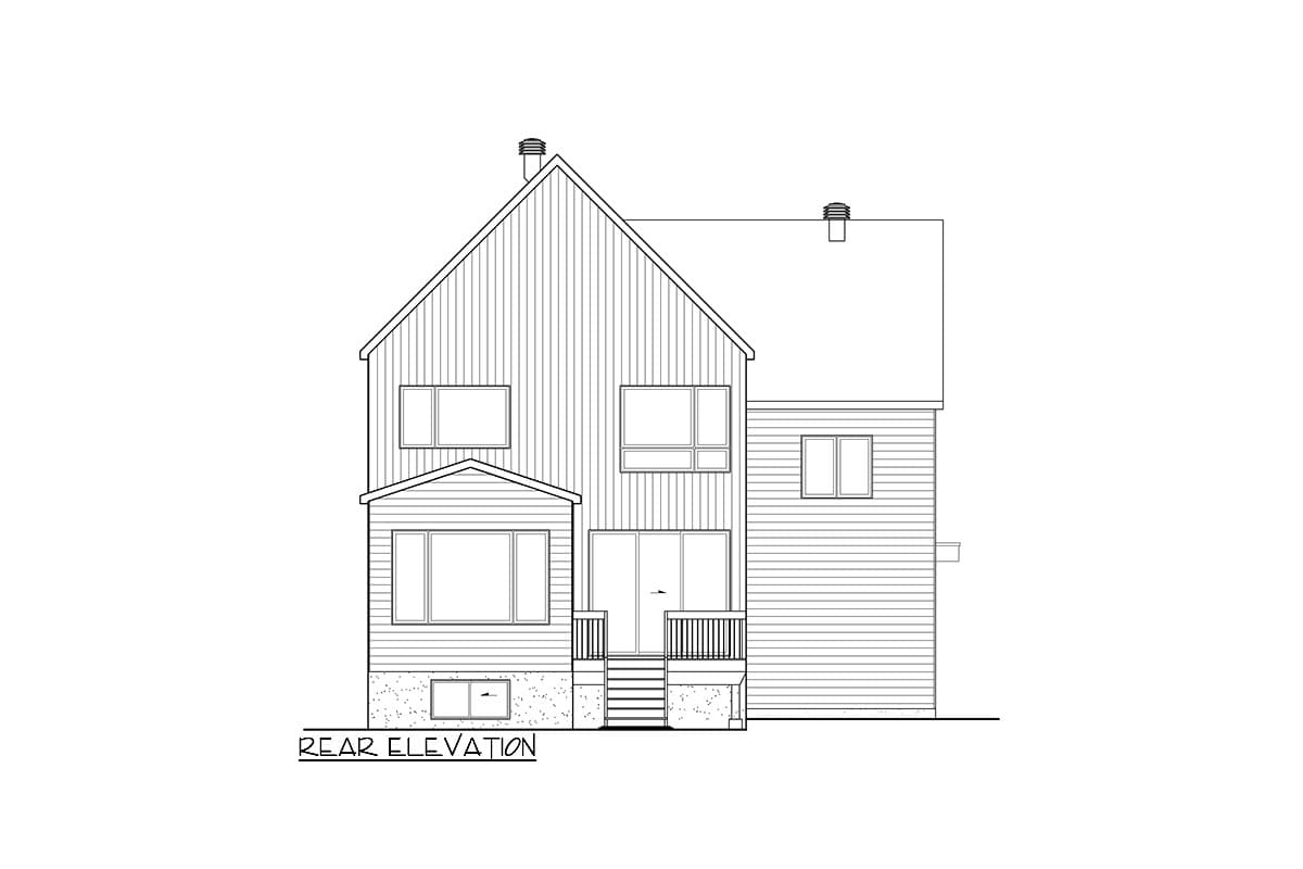 Rear elevation drawing of a two-story house with a gabled roof, multiple windows, a small deck, and a stone foundation.