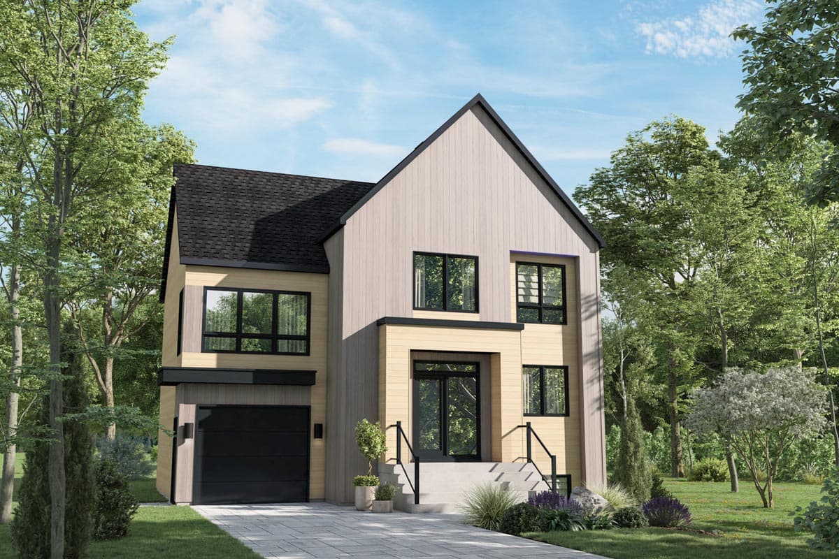 House plan exterior. Two-story Modern Farmhouse with a front-facing garage. Features include a gable roof, large windows, and a covered entry.