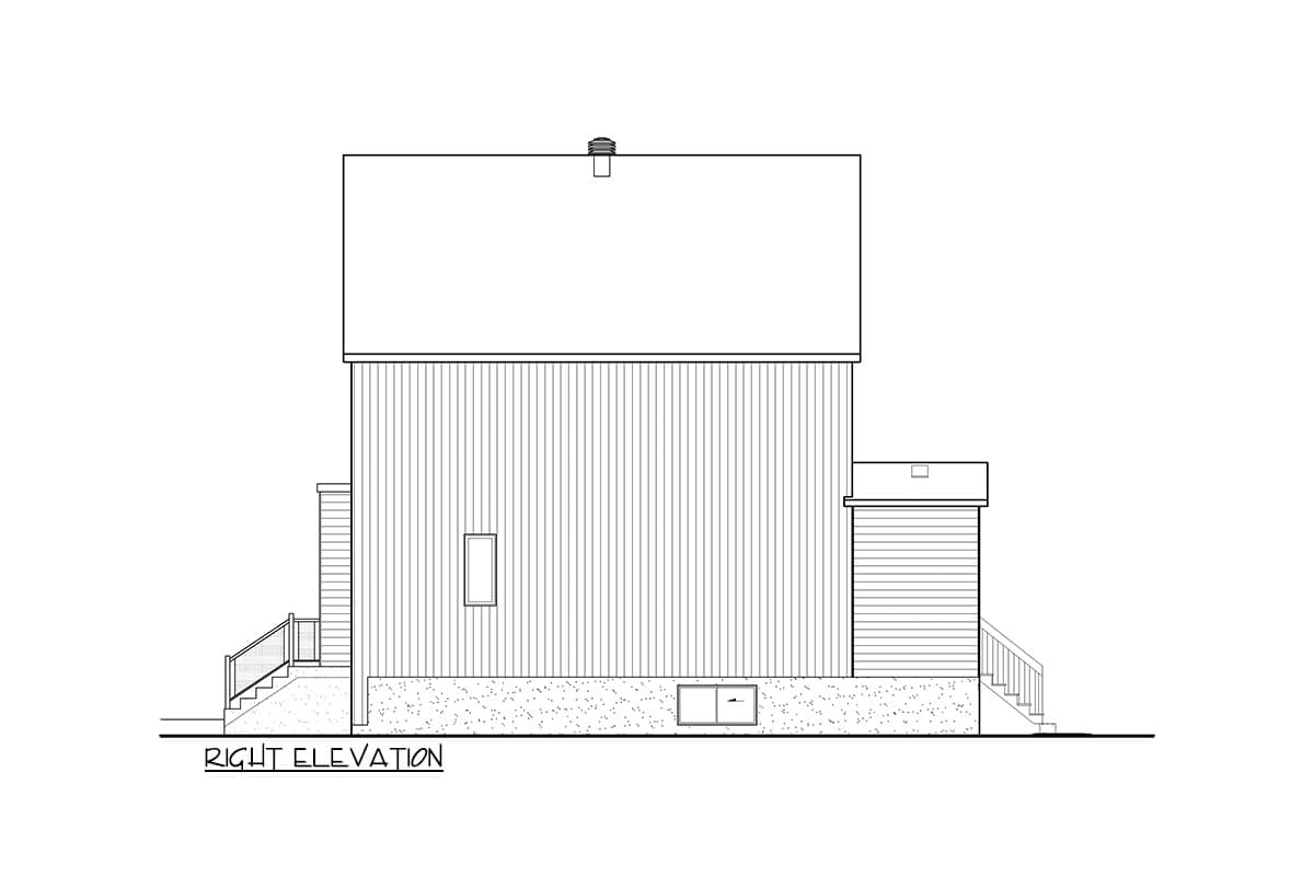 Right elevation drawing of a house plan showing siding, a gable roof, and attached garage with a door.