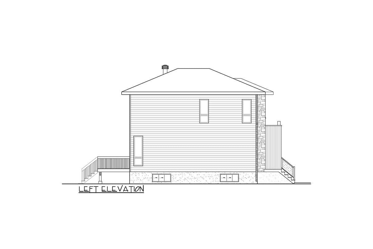 Left elevation house plan drawing showing siding, stone accents, deck, and basement windows.