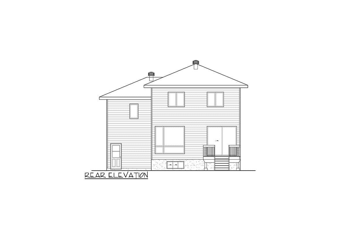 Rear elevation drawing of a two-story house with horizontal siding, a side entrance, a large rear window, and a deck with stairs.