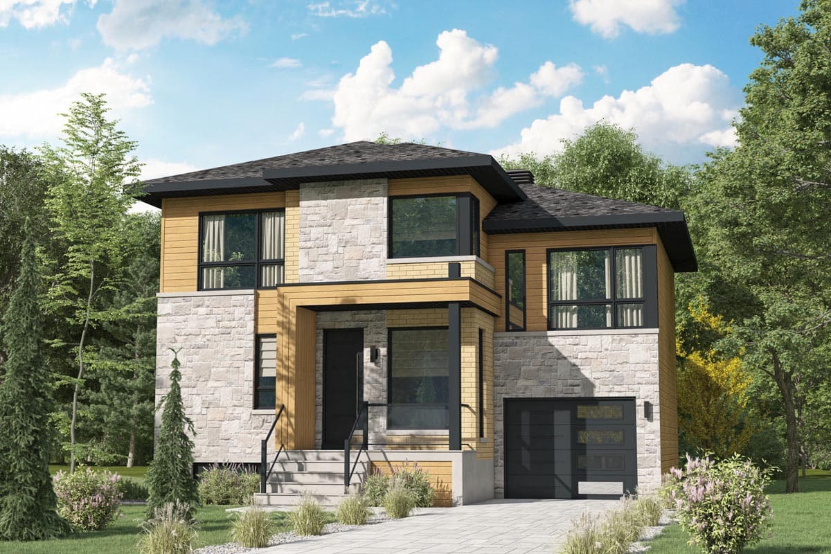 House plan exterior. Two-story modern house with stone and wood siding, a flat roof, and a garage. The front entry has a covered porch.