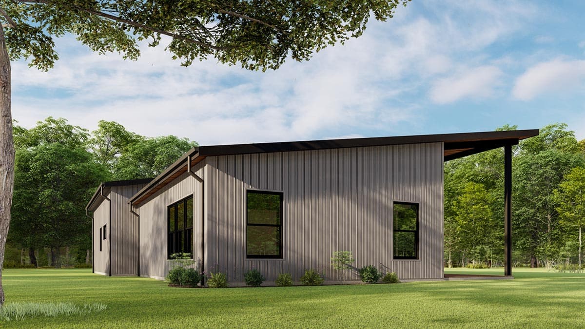 Modern house plan exterior with vertical siding, flat rooflines, and an open covered porch.