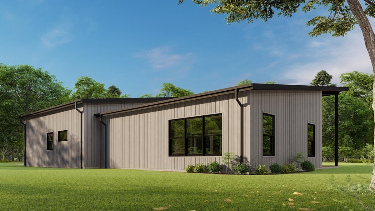 Modern ranch house plan exterior with a low-pitch roof, vertical siding, and large, dark-framed windows.
