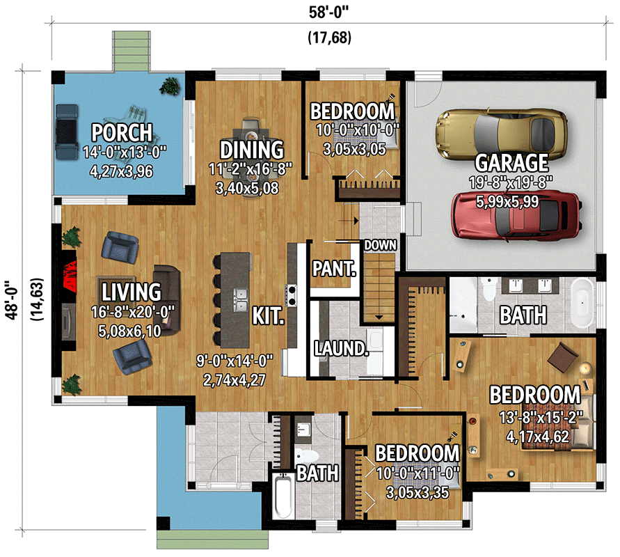 Plan 801114PM: 3-Bedroom Modern European House Plan with Open Concept Living - Floor Plan - Main Level - European, Modern, Mountain, Scandinavian, Transitional