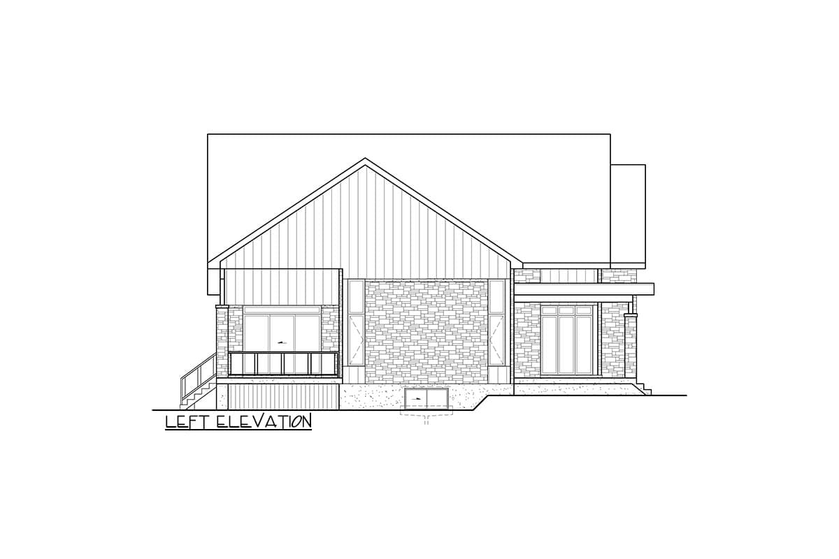 Left elevation drawing of a house plan showing a stone facade, large windows, and a pitched roofline.