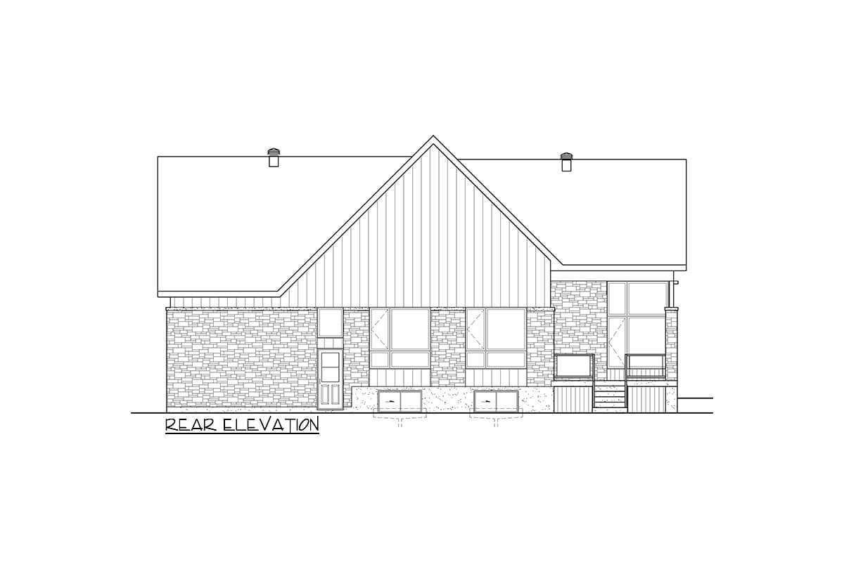 Rear elevation drawing of a house with stone and vertical siding, large windows, and a prominent gable.