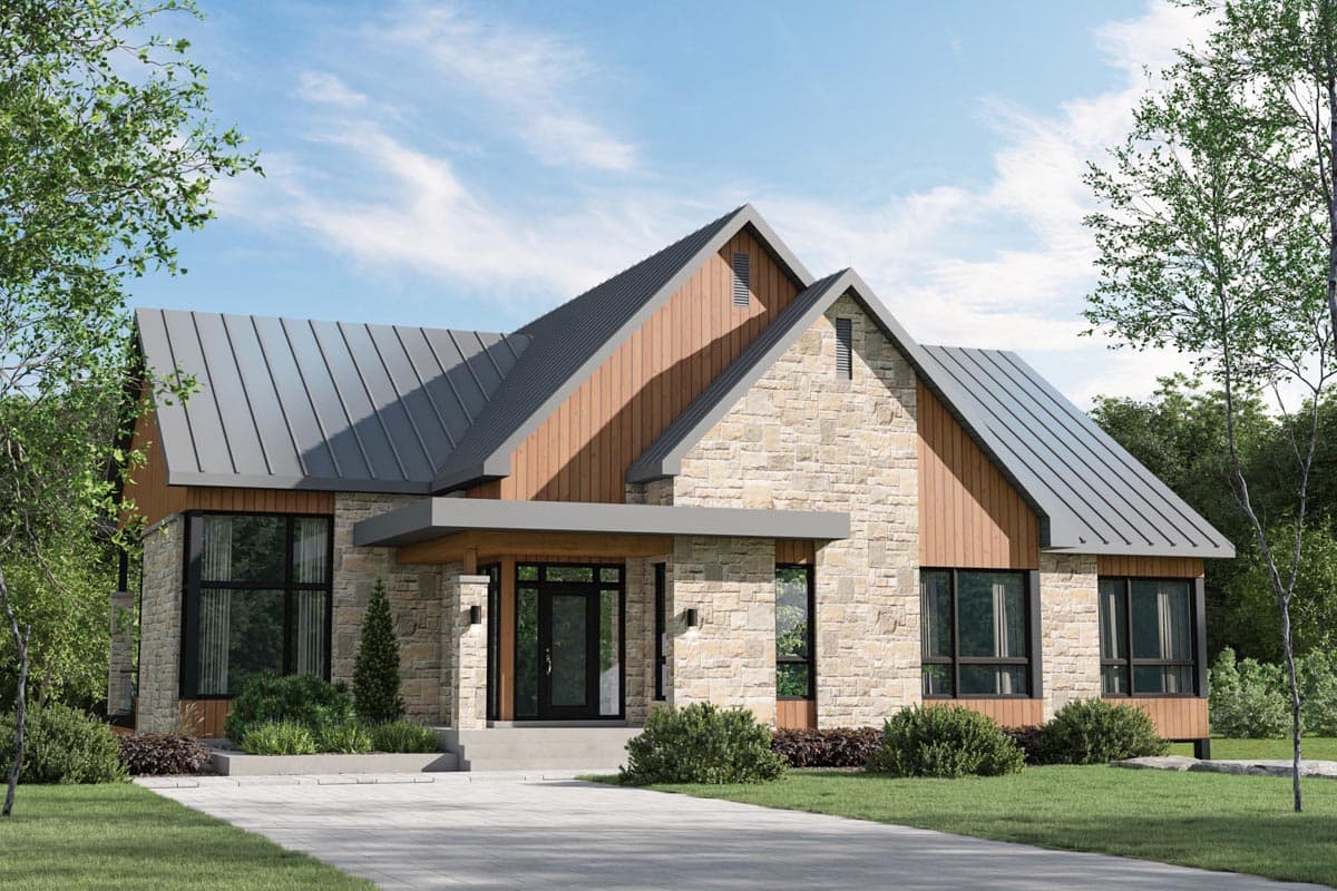 House plan exterior. Modern style with stone and wood siding. Features include a metal roof, prominent gables, and a covered entry porch.