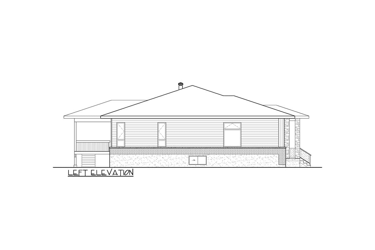Left elevation drawing of a one-story house with a covered porch, horizontal siding, and a hip roof.