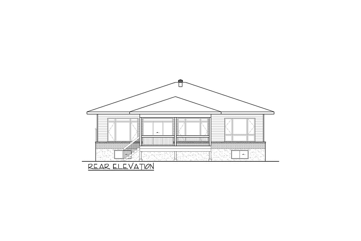 Rear elevation drawing of a single-story house plan with a covered porch, large windows, and a brick foundation.