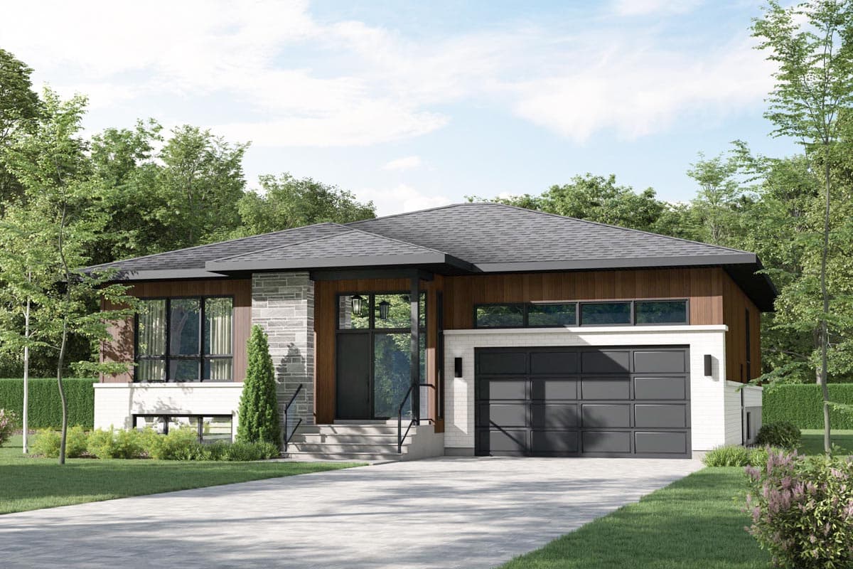 House plan exterior. Modern style with one story, wood and stone facade, flat roof, and attached garage. Includes front steps and large windows.