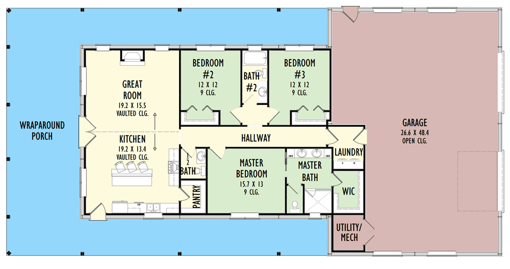 Plan 777055MTL: 3-Bed Barndominium Plan with Wraparound Porch - Floor Plan - Main Level - Barndominium, Country, Craftsman