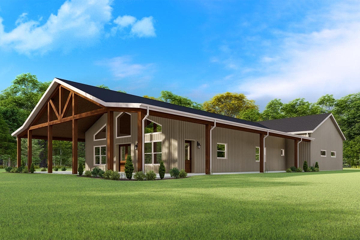 House plan exterior. One-story structure with a gable roof, covered porch supported by wood posts, and large windows. Features a contemporary style.
