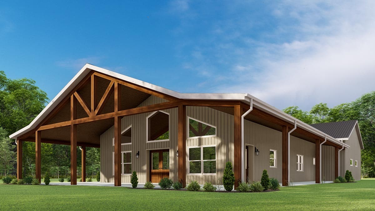 House plan exterior with large covered porch, exposed wood beams, and A-frame window accents.