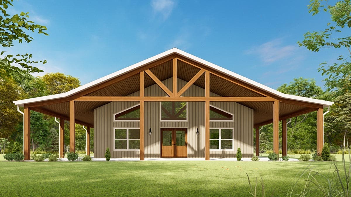 House plan exterior, modern style, one story with a wide covered porch, prominent roof trusses, and large windows.