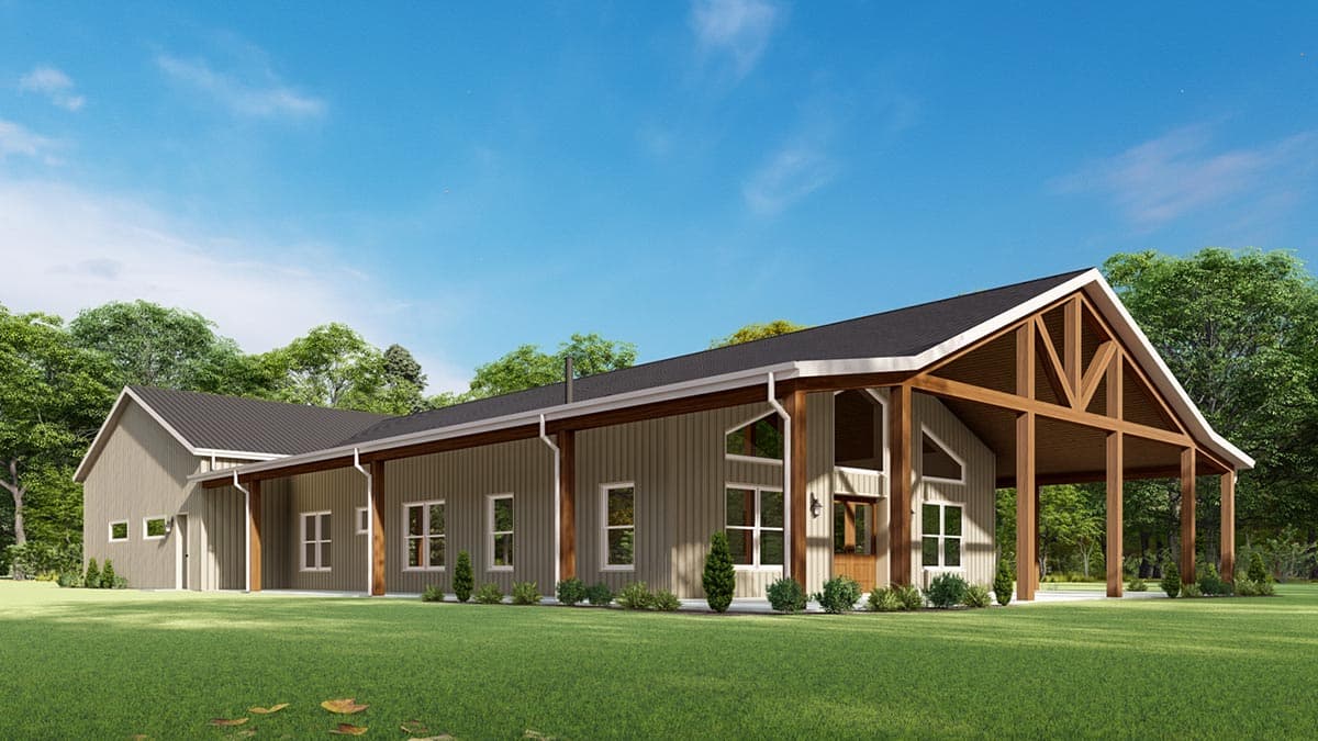 House plan exterior: Modern Ranch style, single-story with a large covered porch featuring exposed timber trusses and metal roof.