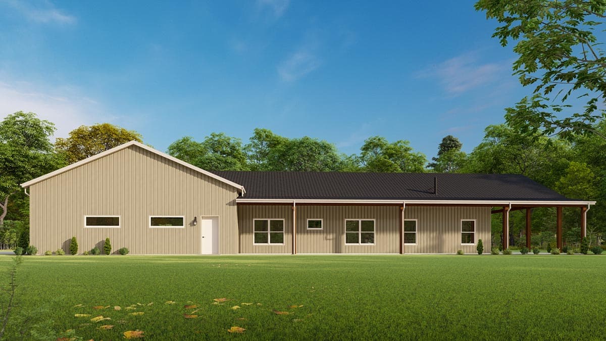 House plan exterior: One-story modern style with vertical siding, gabled roof section, and covered porch.