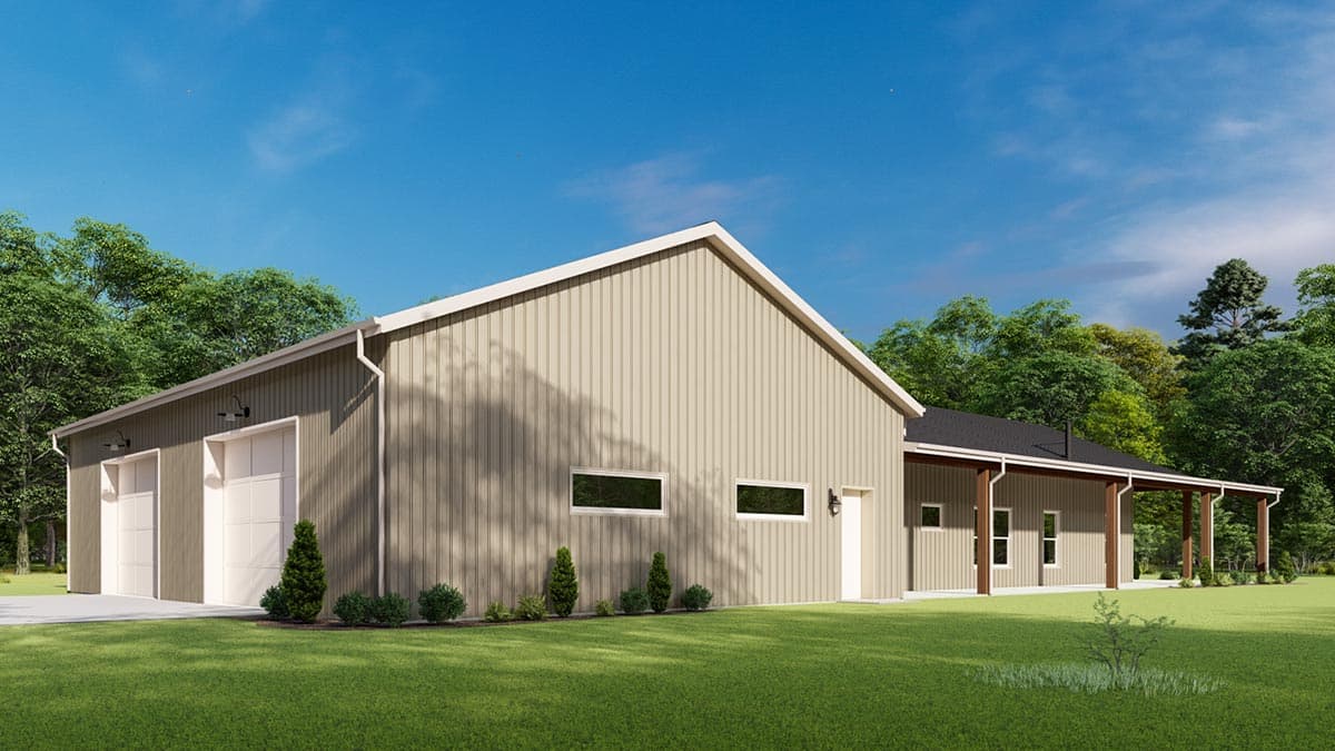 House plan exterior rendering of a one-story Modern Farmhouse with a two-car garage, gabled roof, and covered porch.
