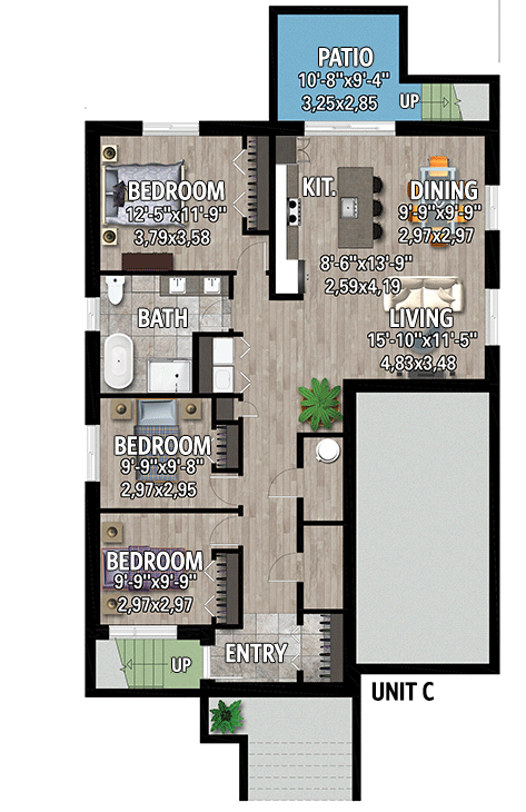 Plan 801116PM: Triplex House Plan with 1419 Square Foot 3 Bed Units - Floor Plan - Lower Level (Unit C) - Contemporary, Modern, Northwest