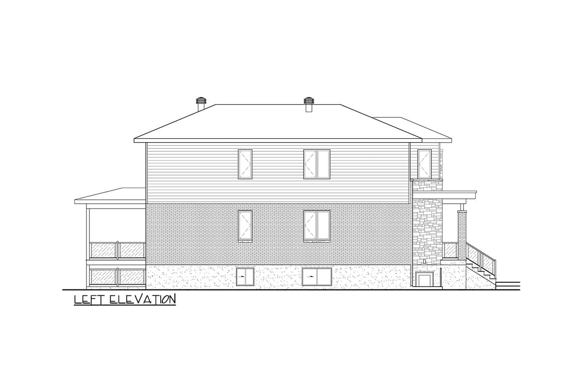 Left elevation drawing of a two-story house with siding, brick, stone accents, and a covered porch.