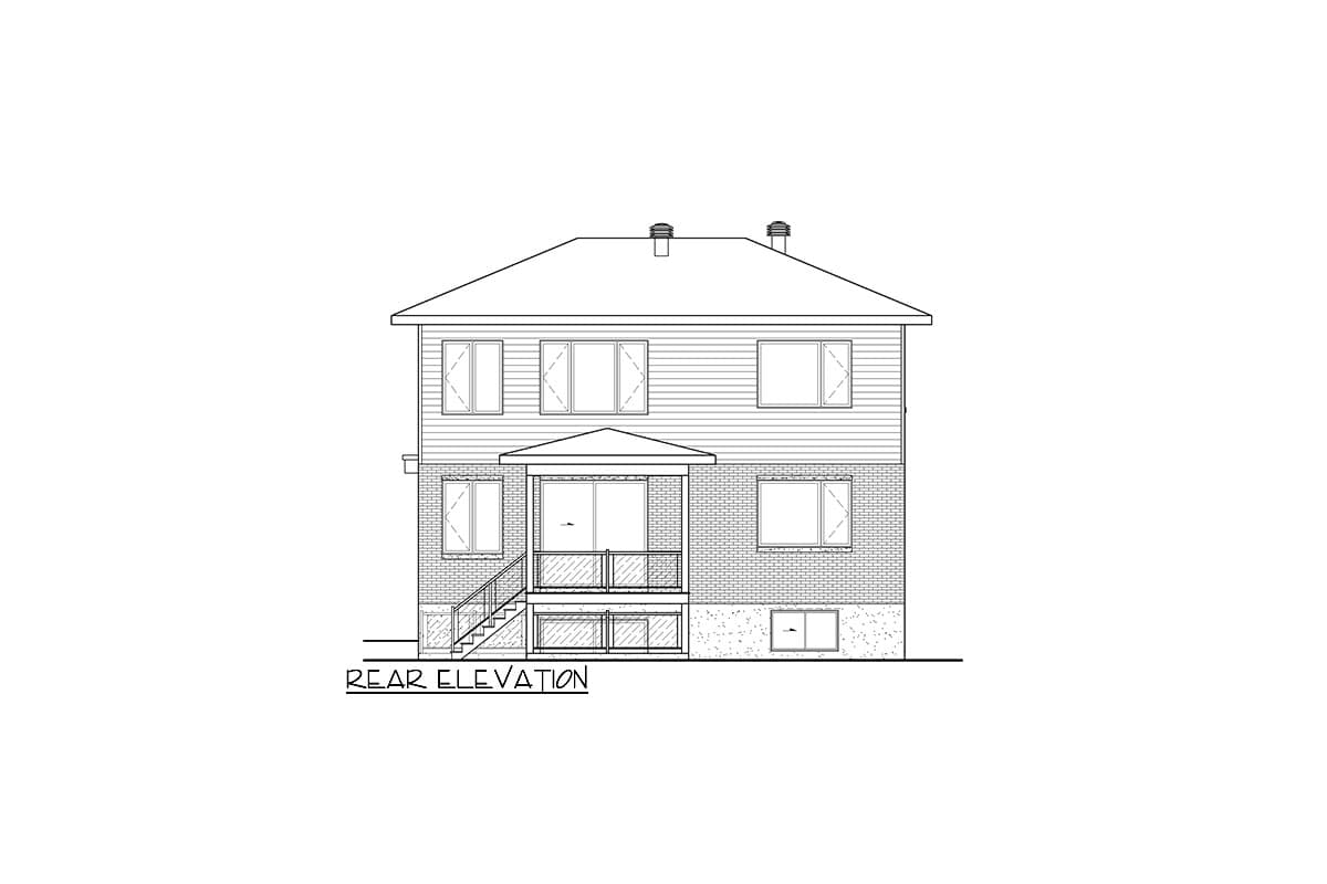 Rear elevation drawing of a two-story house with horizontal siding, brick lower level, covered porch, and two chimneys.