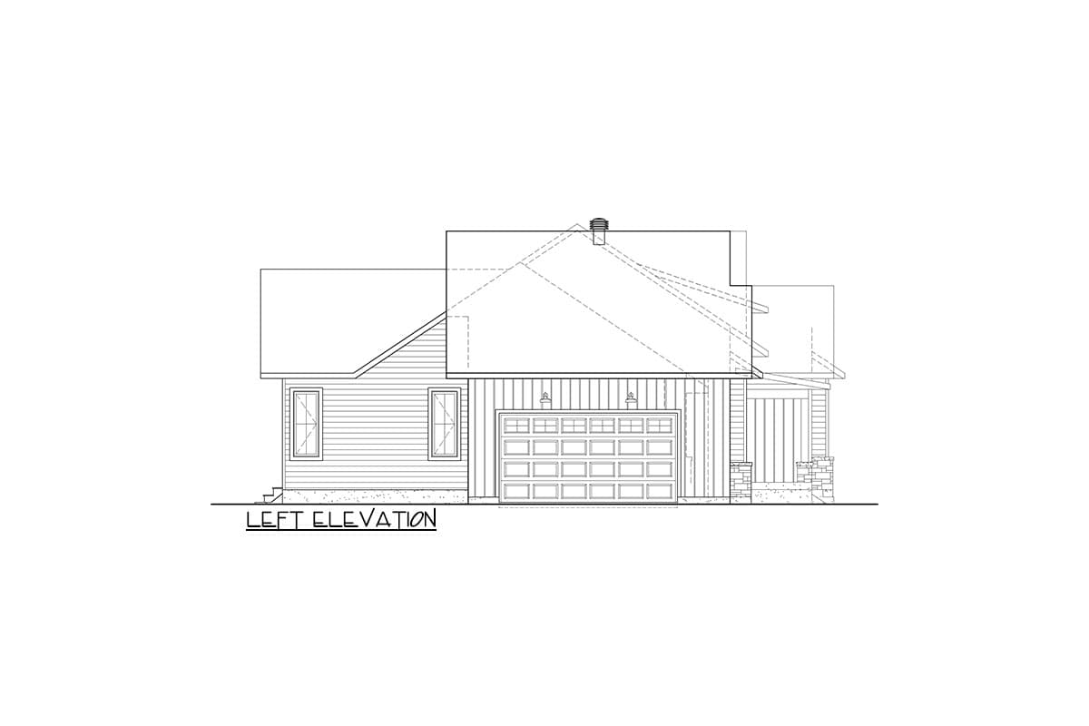Left elevation drawing of house plan showing siding, two windows, a garage door, and a porch.