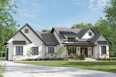 Single-story Farmhouse Plan with Split-bed Layout