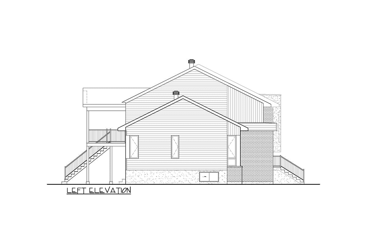 Left elevation drawing of a house plan showing siding, brick, multiple rooflines, gables, dormers, and exterior stairs.