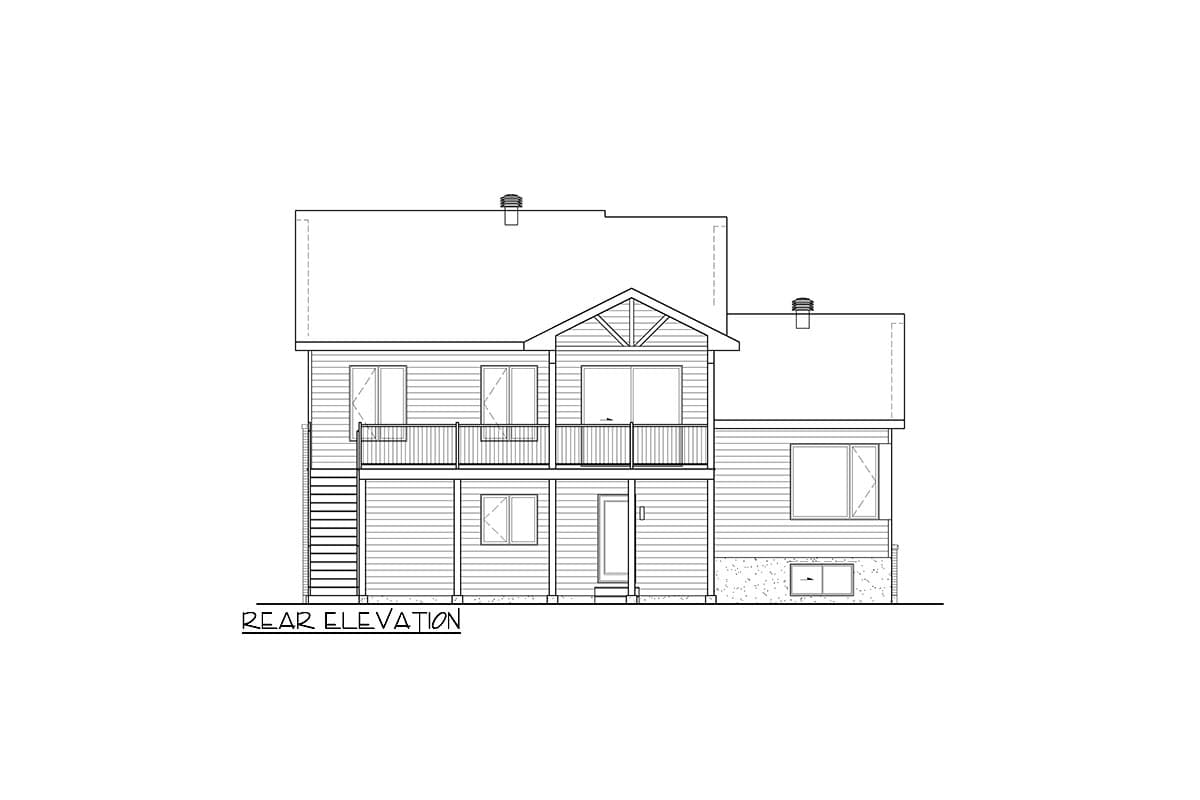 Rear elevation drawing of a house plan showing two stories, a balcony, and gabled roofline.